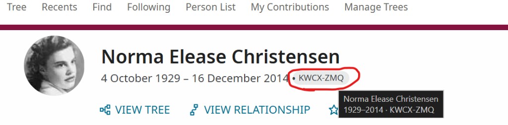 FamilySearch profile with person ID KWCX-ZMQ highlighted next to the birth and death dates